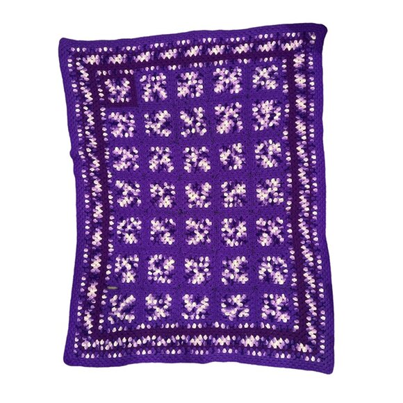 Retro Granny Square Crochet Afghan Blanket Throw 55"X42" Purple Squares, Vintage - Picture 1 of 6